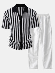 CHEMISE À ÉPAULES DÉGRADÉES ET RAYURES AU CROCHET & PANTALONS EN LIN À JAMBE DROITE