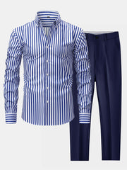 CHEMISE À MANCHES LONGUES À RAYURES AVEC BOUTONS & PANTALONS SLIM FIT À JAMBE ÉLARGIE